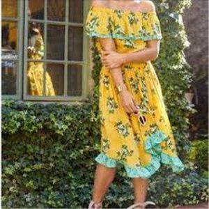 Matilda Jane Hooked on a Feeling Yellow Floral Off Shoulder Ruffle Dress Small
